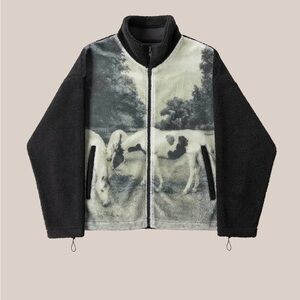 Found Free People Black and Gray Fleece Jacket with HORSE Print